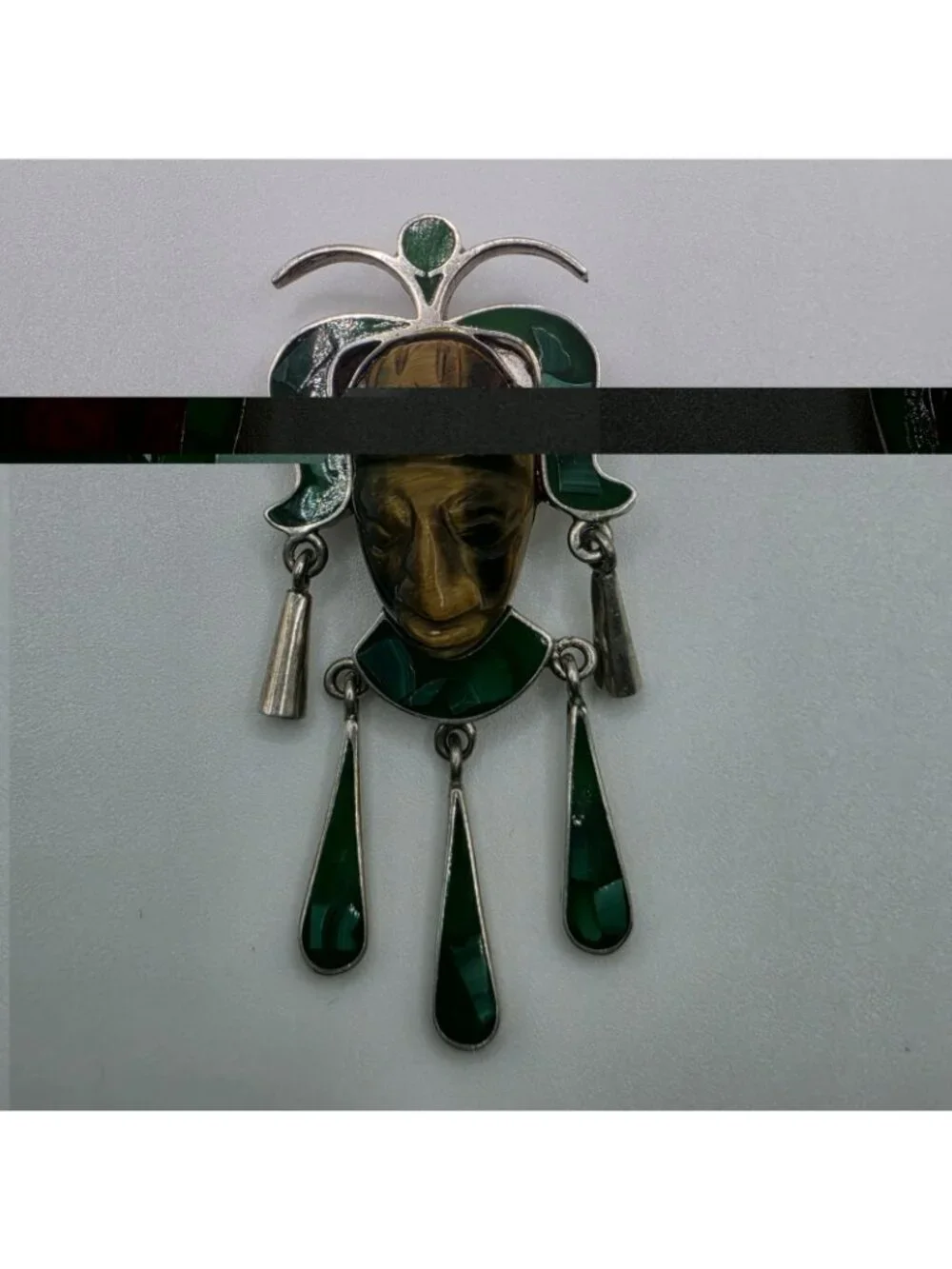 Vintage Taxco Mexico 925 Sterling Silver Malachite Tiger Eye Mask Brooch Pin
